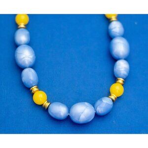 18 inch, Vintage Blue Beads Gold Tone Bohemian Beaded Necklace - D12